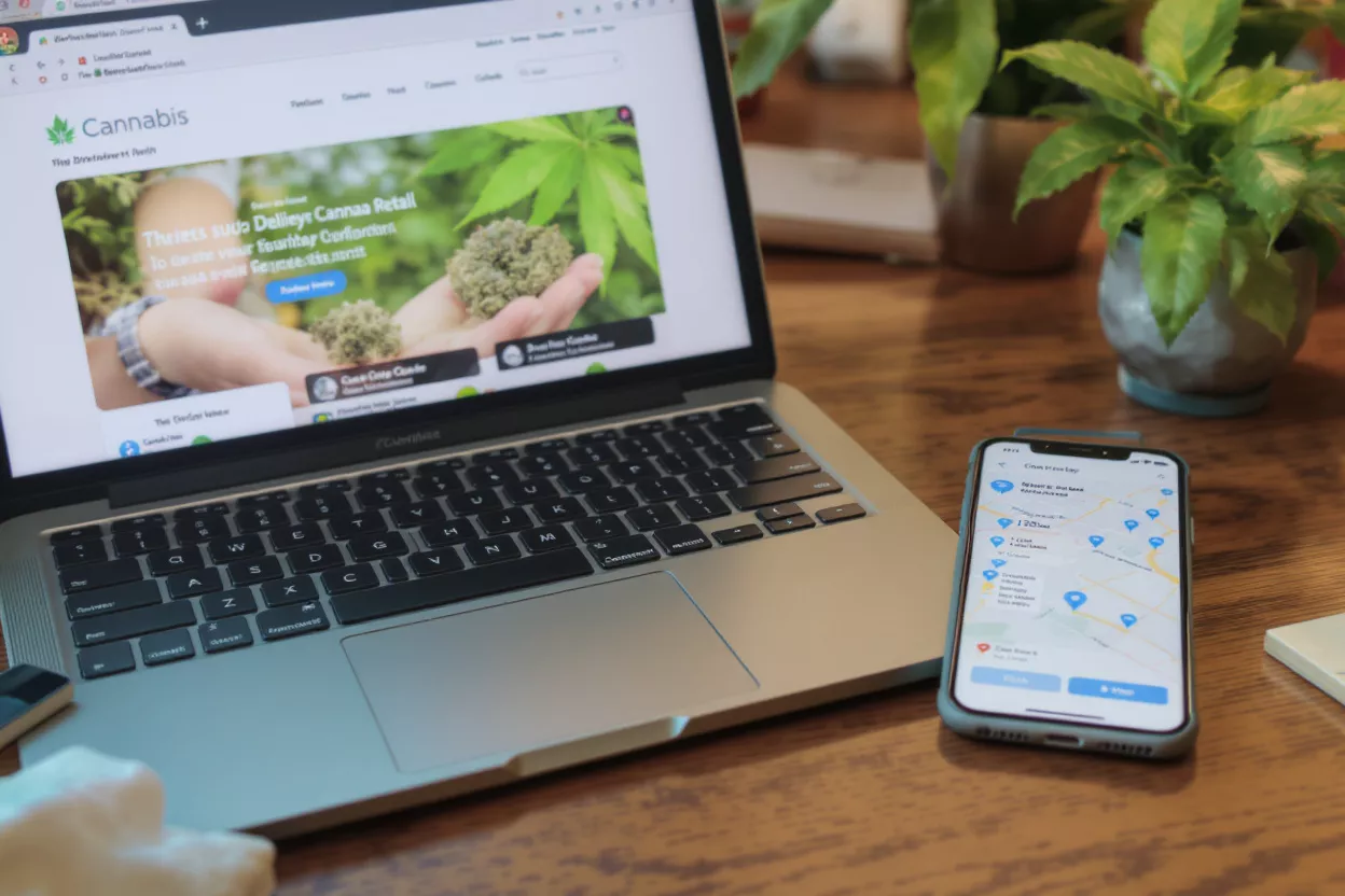 Laptop displaying a cannabis retail website and a phone showing a map app.