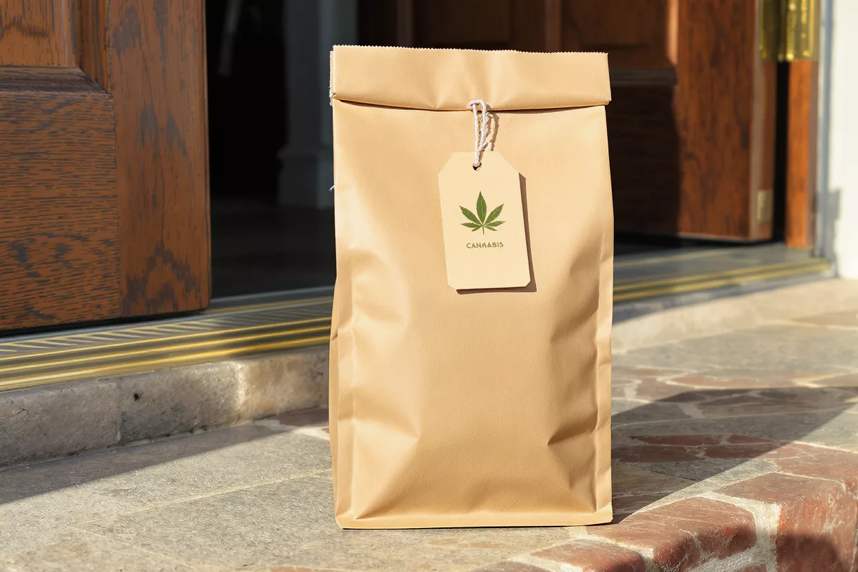 Brown paper bag with cannabis leaf tag on a doorstep, next to an open door.