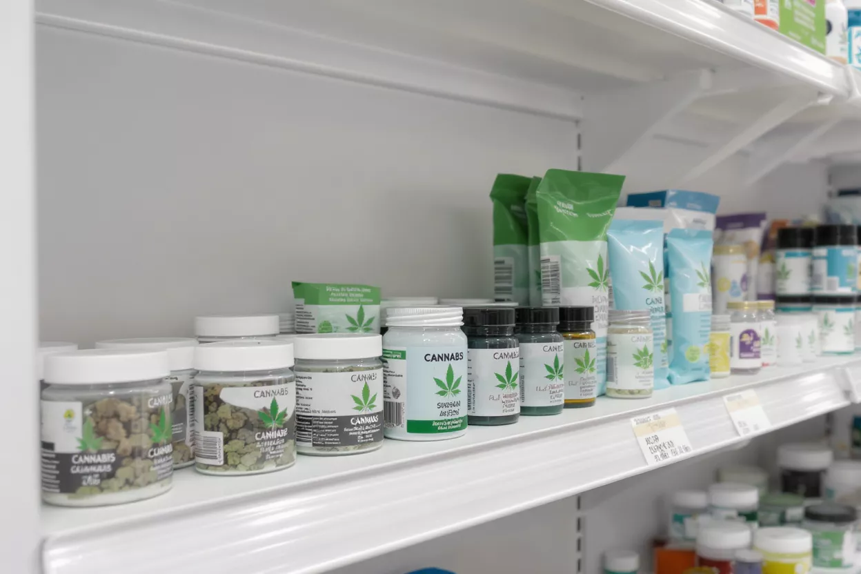 Various cannabis products, including jars and pouches, displayed on a white retail shelf.