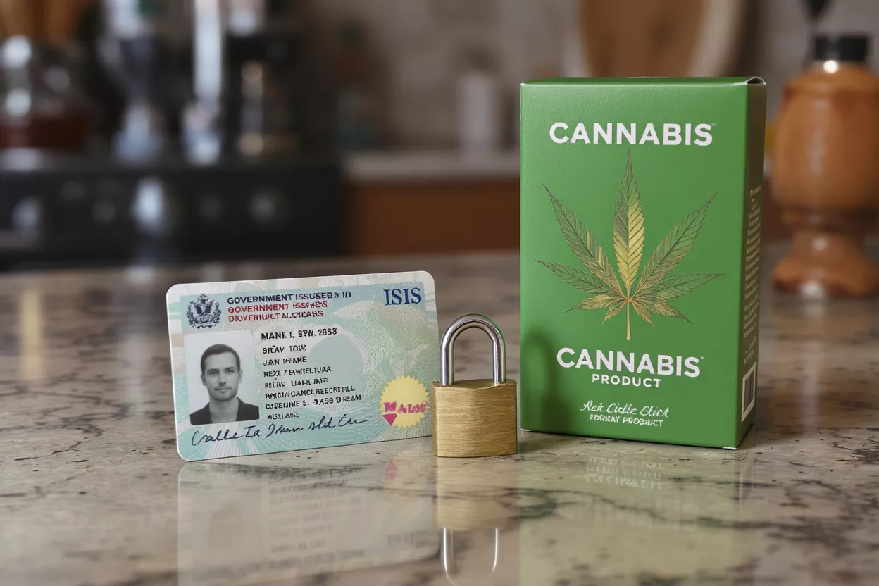 Government ID, padlock, and cannabis product box on a countertop.
