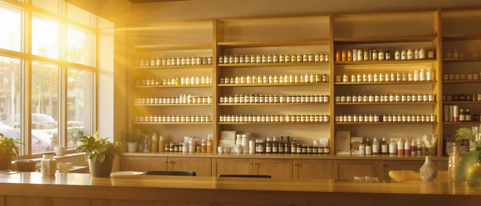 Bright herbal store interior with shelves of products and sunlight streaming through window.