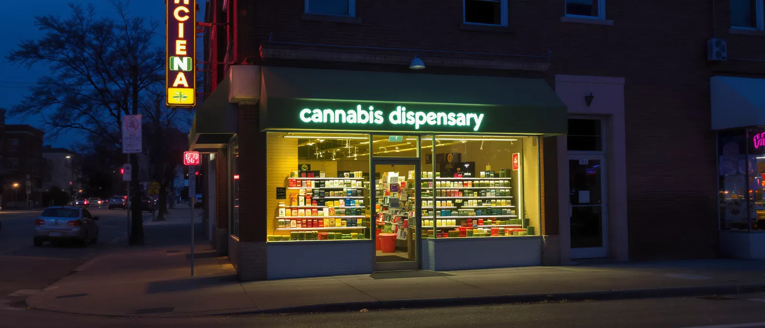 Exterior of a brightly lit cannabis dispensary at dusk on a city street.