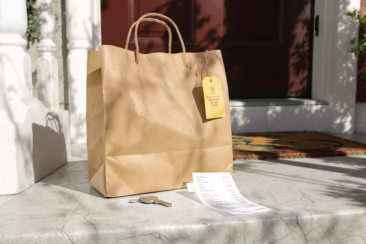 Brown paper delivery bag with tag, keys, and receipt on a concrete porch.