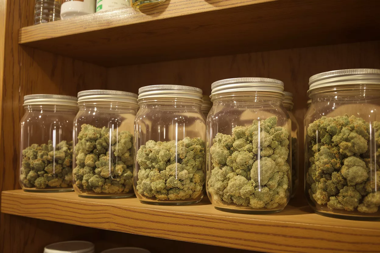 Five glass jars filled with dried cannabis buds on a wooden shelf.