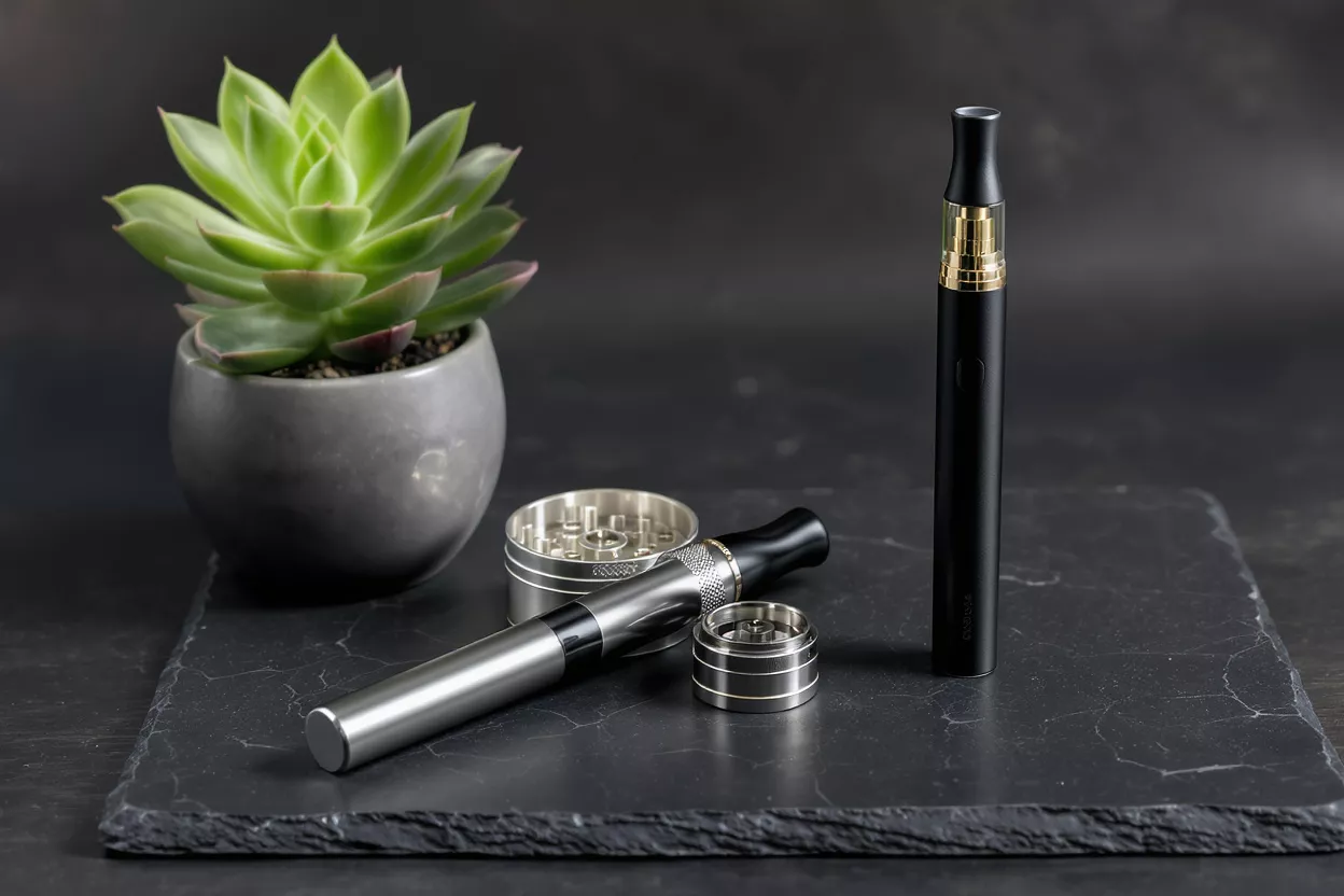 Two vape pens, a grinder, and a succulent on a dark slate background.
