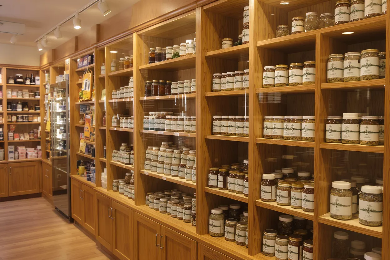 Store Shelves with Jars Wooden store shelves filled with numerous glass jars of various products.