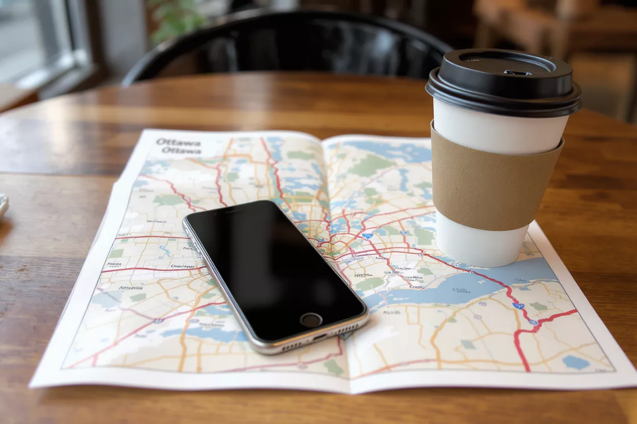 Coffee, Map, and Phone A coffee cup, smartphone, and map on a wooden table, ready for travel planning.