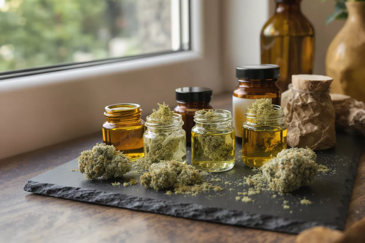 Cannabis Oil, Buds, and Kief Cannabis oil, buds, and kief displayed on a dark slate board by a window.