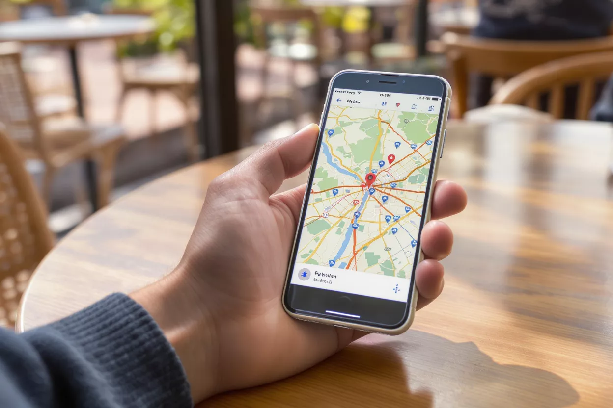 A hand holding a smartphone displaying a map application with location pins.