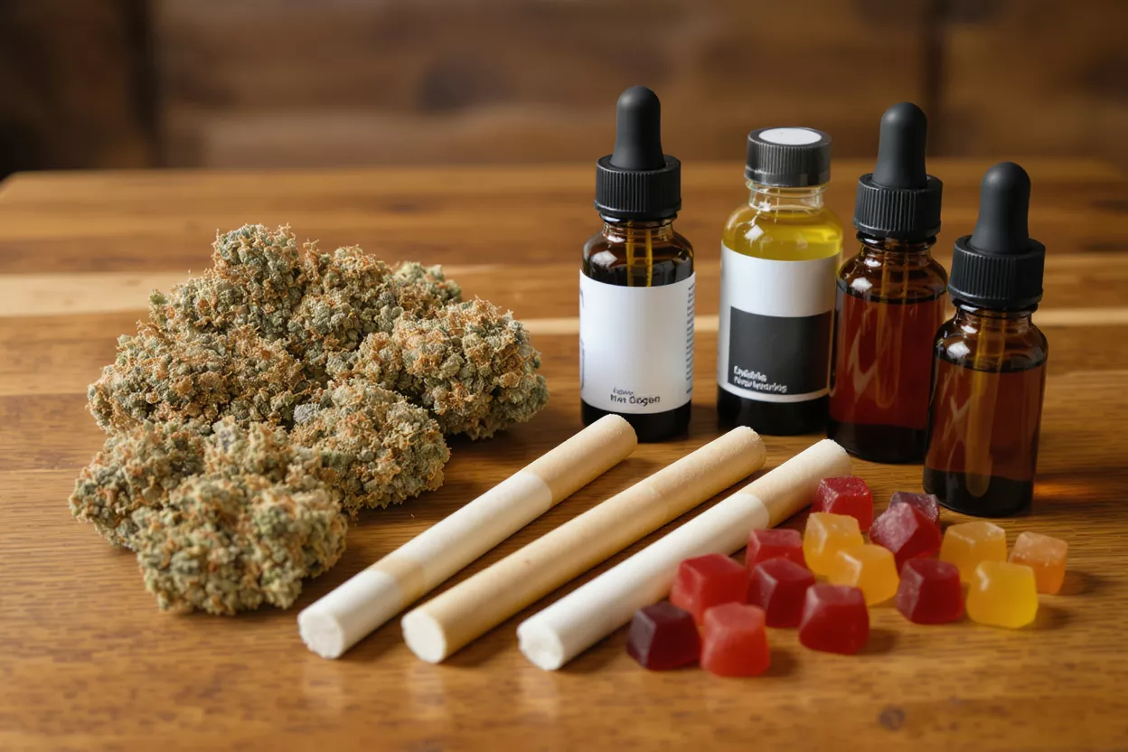 Cannabis buds, CBD oils, pre-rolls, and gummies on a wooden surface.
