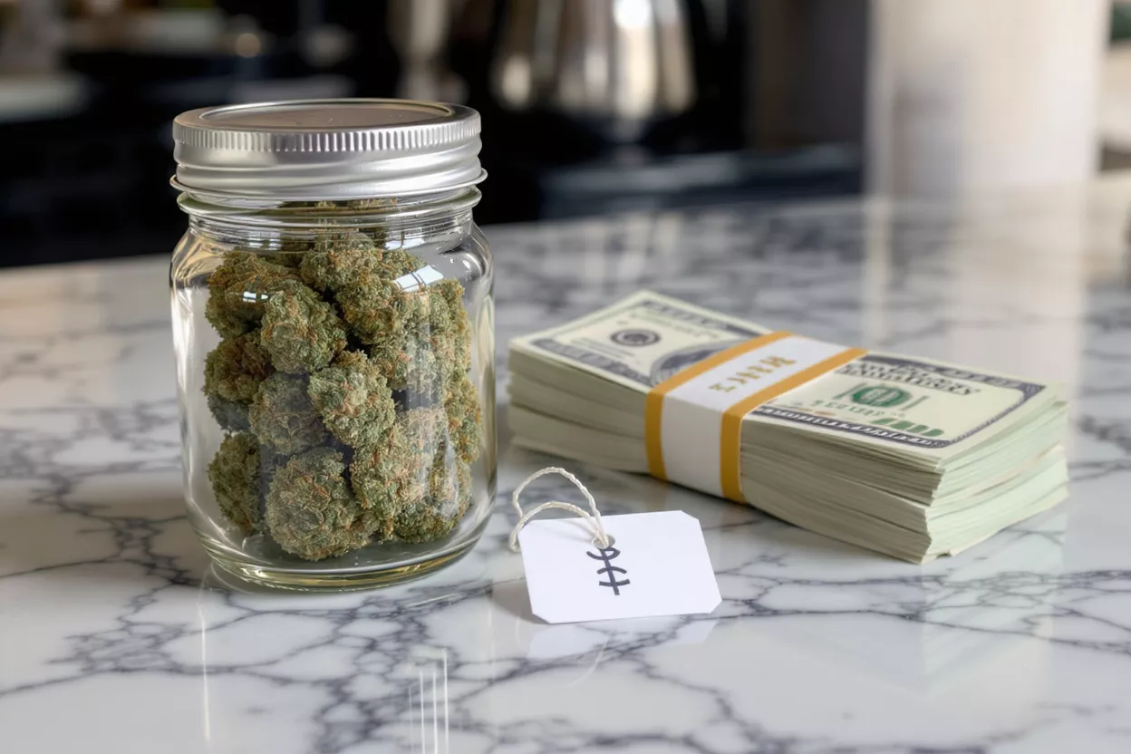 Jar of cannabis buds, stack of money, and a price tag on marble.