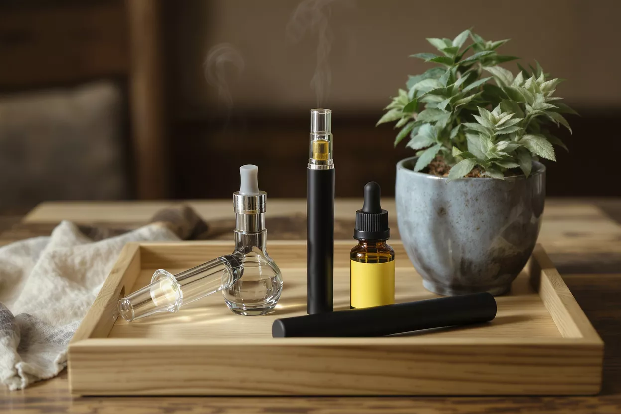 Vape pens, CBD oil bottle, and glass accessories on a wooden tray with a plant.