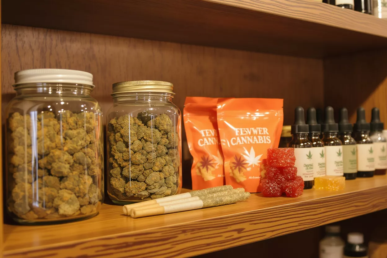 A wooden shelf displaying various cannabis products including jars of flower, edibles, and oils.