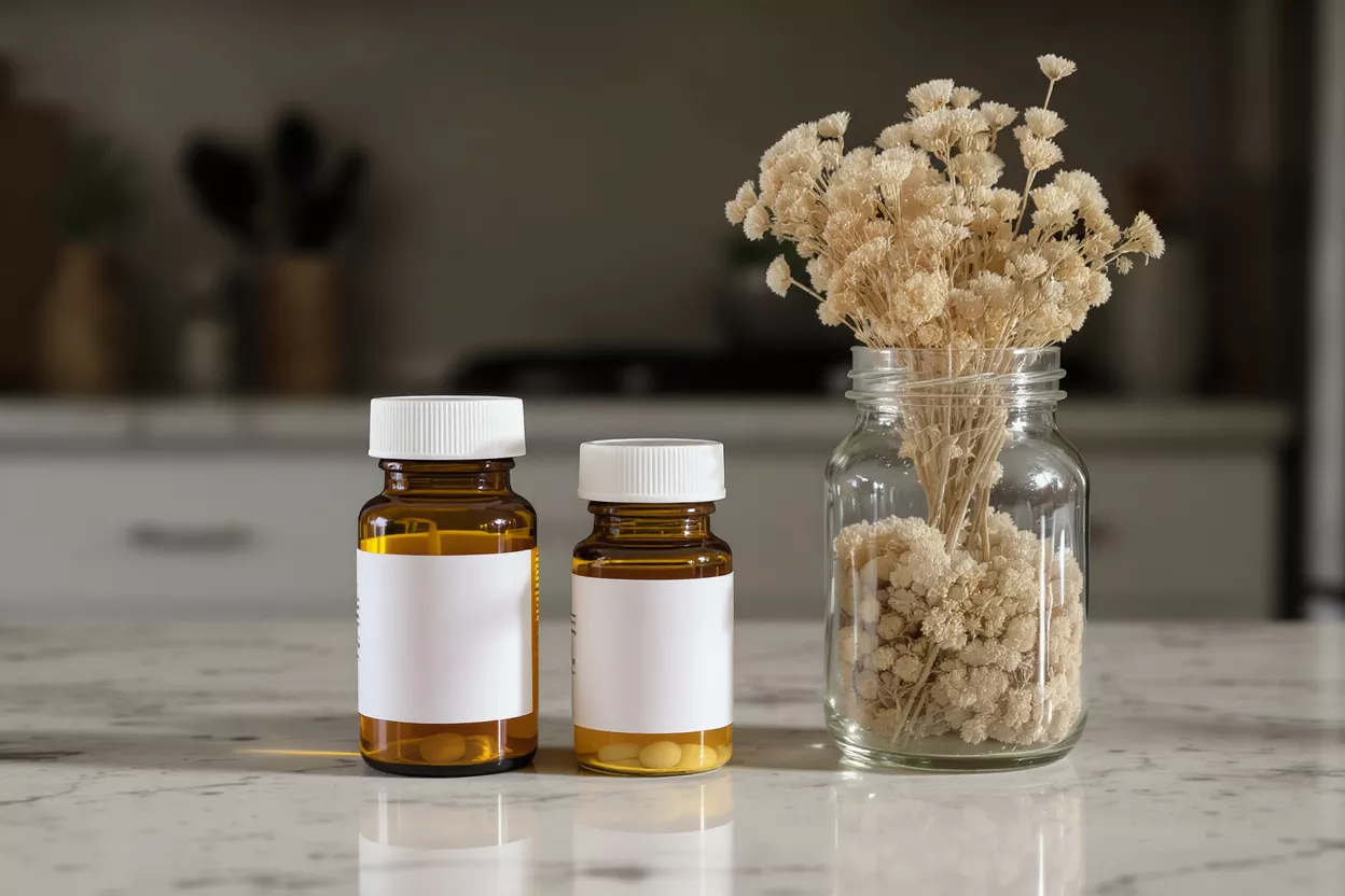 Two amber medicine bottles with white labels next to a jar of dried flowers.