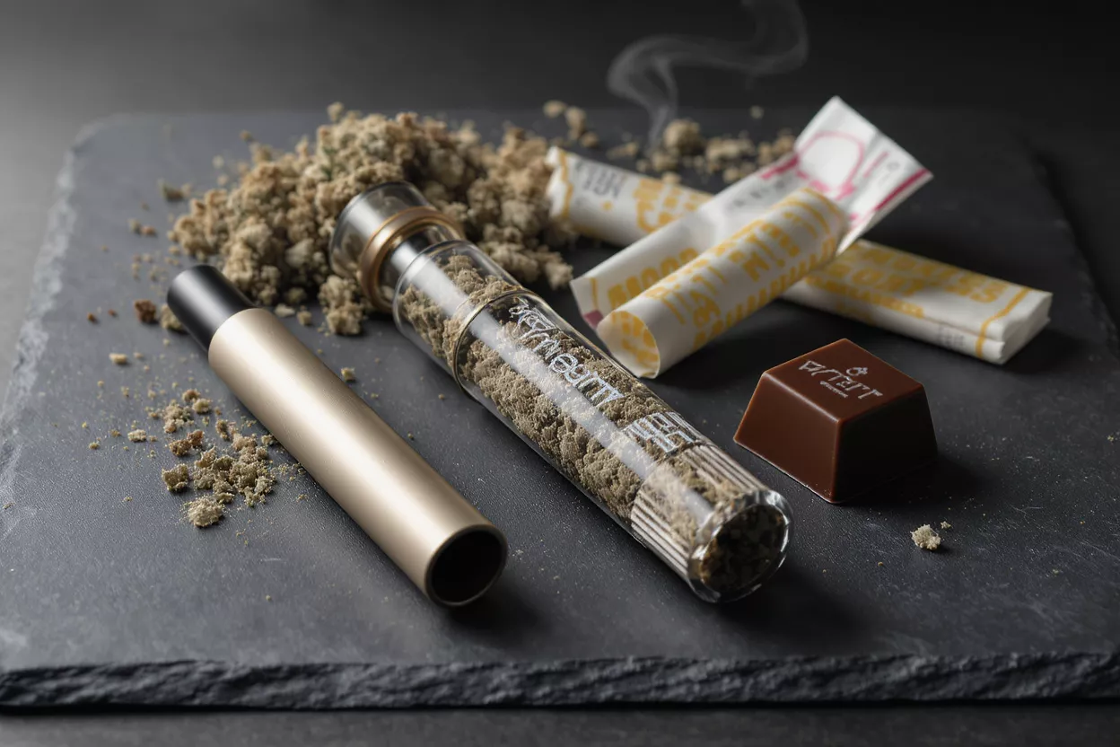 Cannabis vape, ground cannabis, chocolate, and papers on a dark slate.