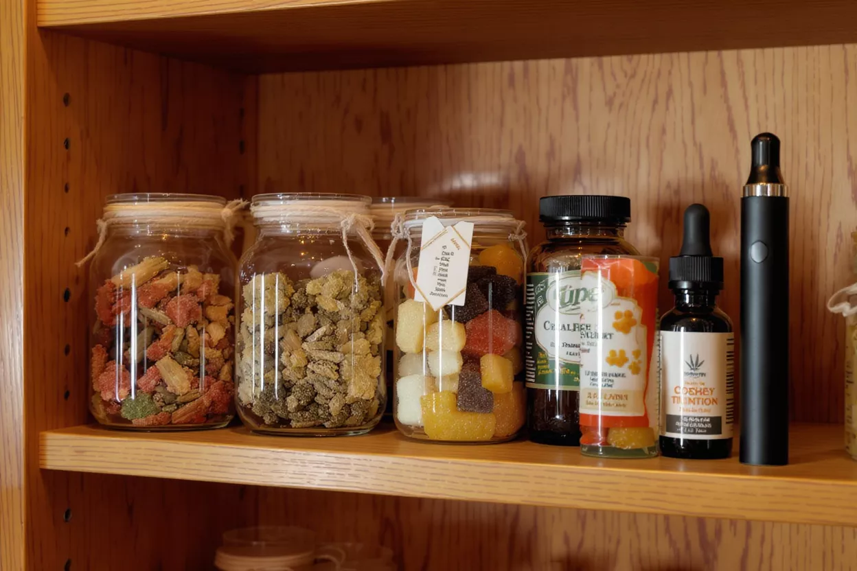Cannabis Edibles, Tincture, and Vape Jars of cannabis edibles, tincture, and vape pen on a wooden shelf.