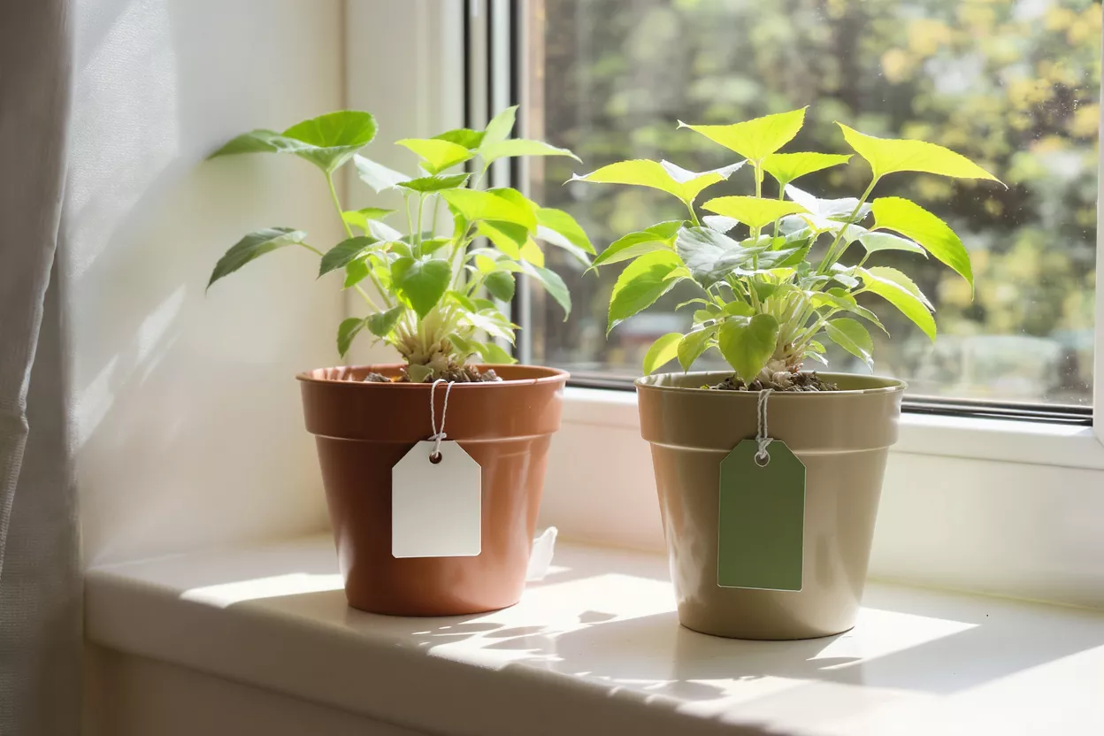 Potted Plants on Windowsill Two potted plants with blank tags on a sunny windowsill, green leaves.