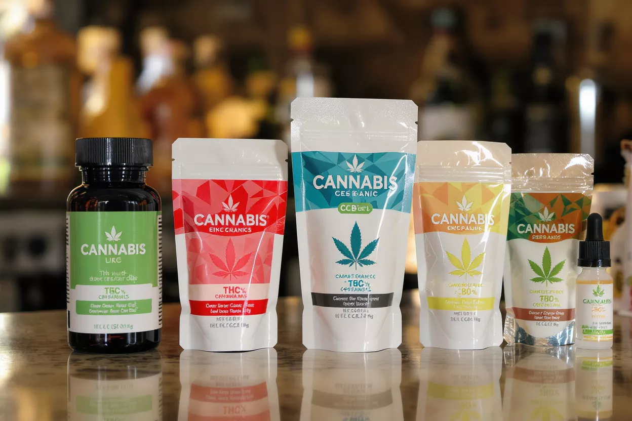 Variety of Cannabis Products A collection of cannabis products including capsules, edibles, and tinctures in various packaging.