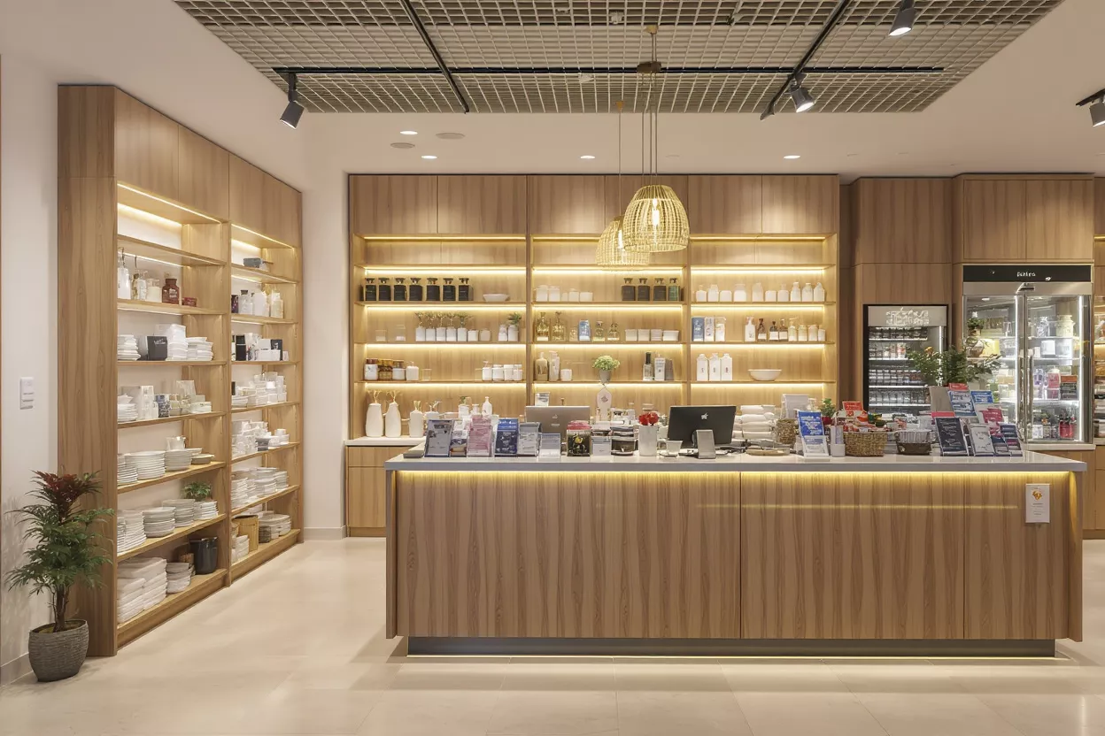 Modern Retail Store Interior Interior of a modern retail store with wooden shelves and illuminated products.