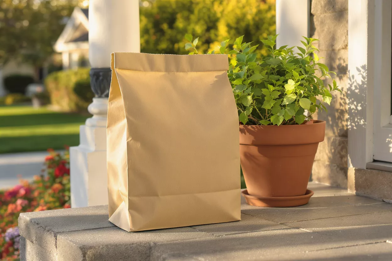 A brown paper bag sits on a porch next to a potted plant.