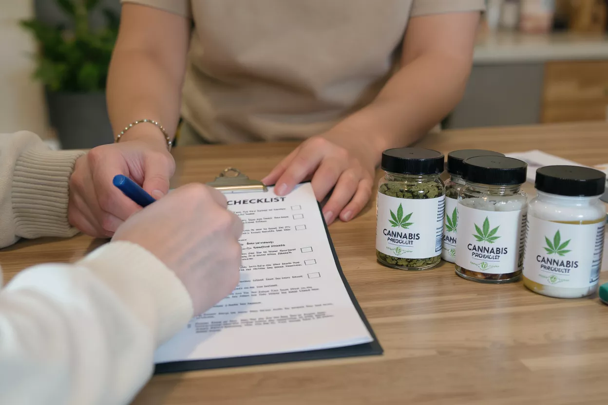 Person signing a checklist next to cannabis product jars on a wooden table.