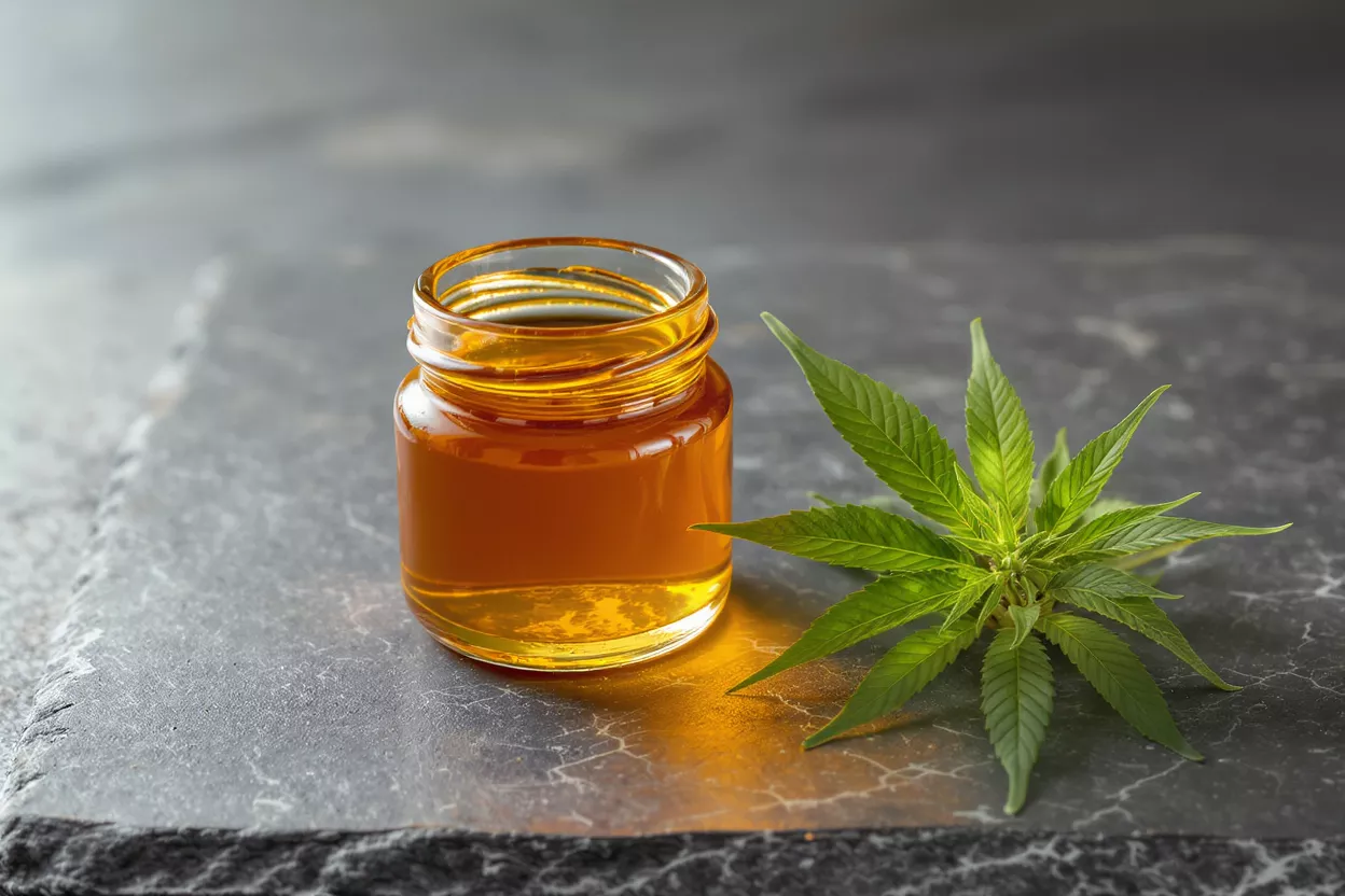 Small glass jar of golden CBD oil next to a fresh green cannabis leaf.