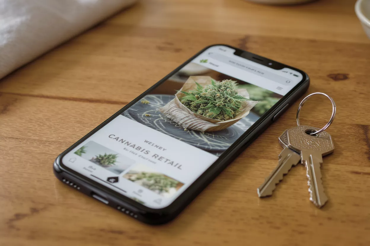 Smartphone displaying a cannabis retail app next to a set of keys.