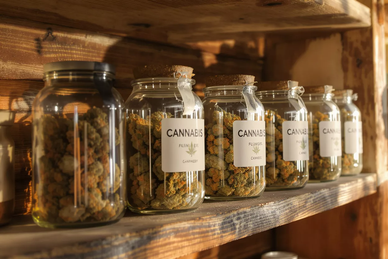 Glass jars filled with cannabis flowers on a rustic wooden shelf, warm lighting.
