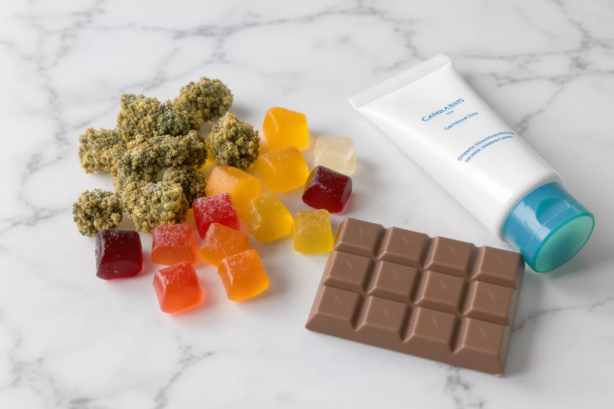 Cannabis flower, colorful gummies, chocolate bar, and topical cream on marble.