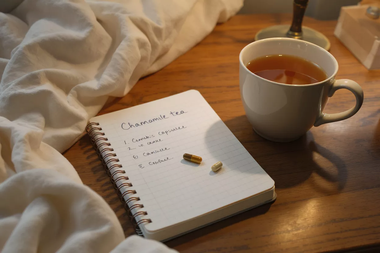 Chamomile tea, capsules, and a notepad on a wooden table with white fabric.
