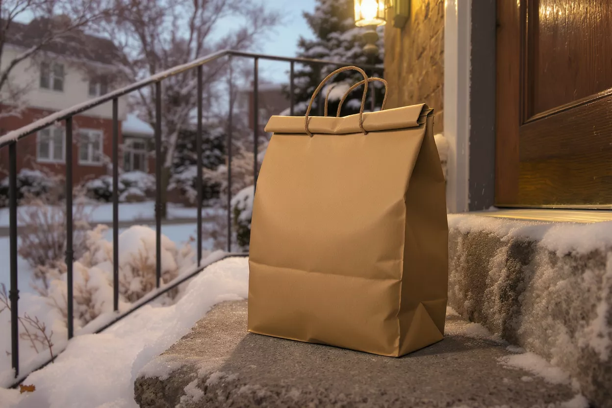 Delivery Bag on Snowy Porch Brown paper delivery bag on a snow-covered porch step at dusk.