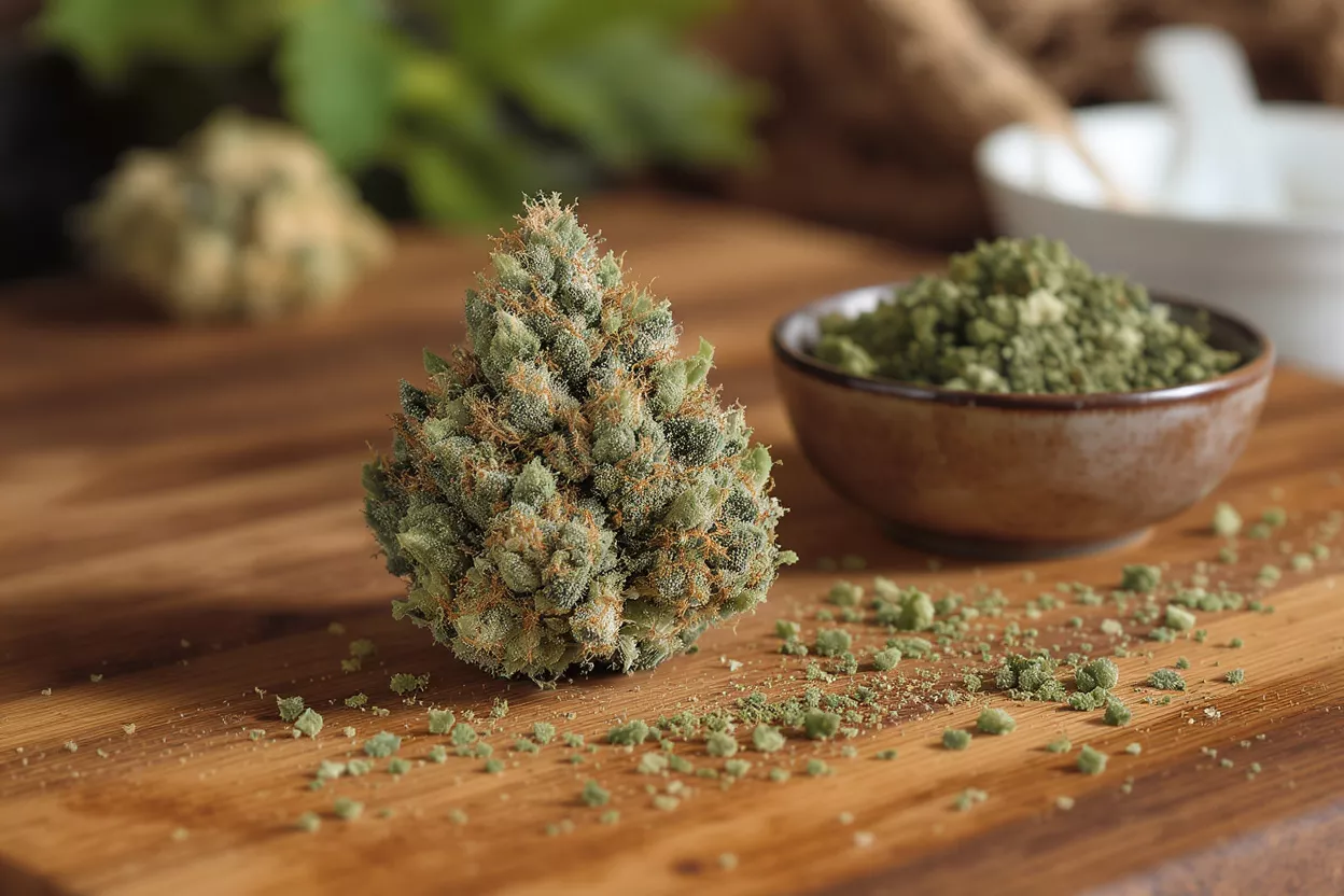 Cannabis Flower and Kief Close-up of a cannabis flower bud and a bowl of kief on a wooden board.