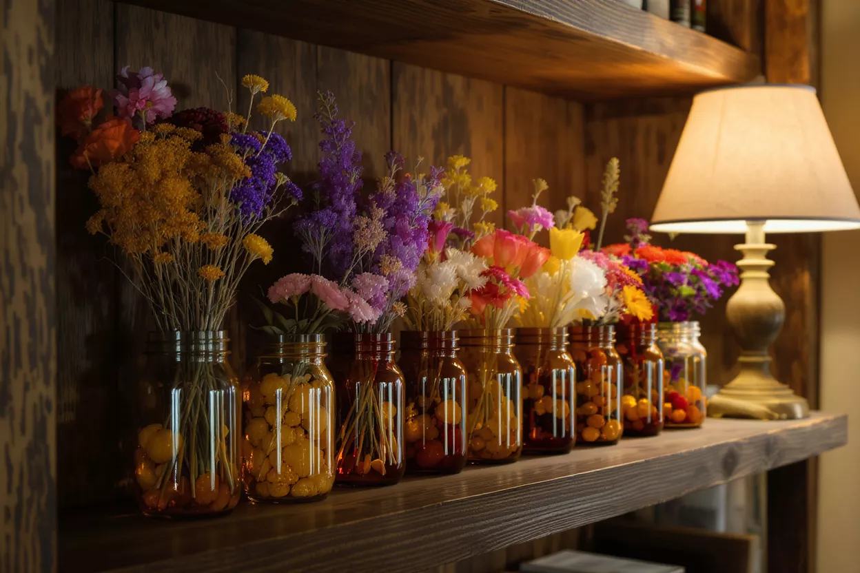 Colorful Dried Flowers in Jars Assortment of vibrant dried flowers in glass jars on a rustic wooden shelf.