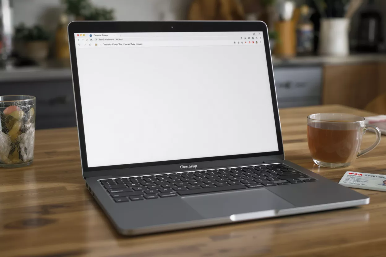 Laptop on Wooden Table A laptop with a blank screen on a wooden table with a drink.