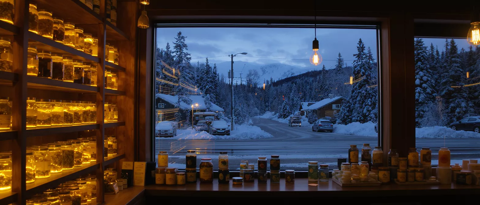 Warm shop interior with glowing jars, looking out at a snowy winter scene.