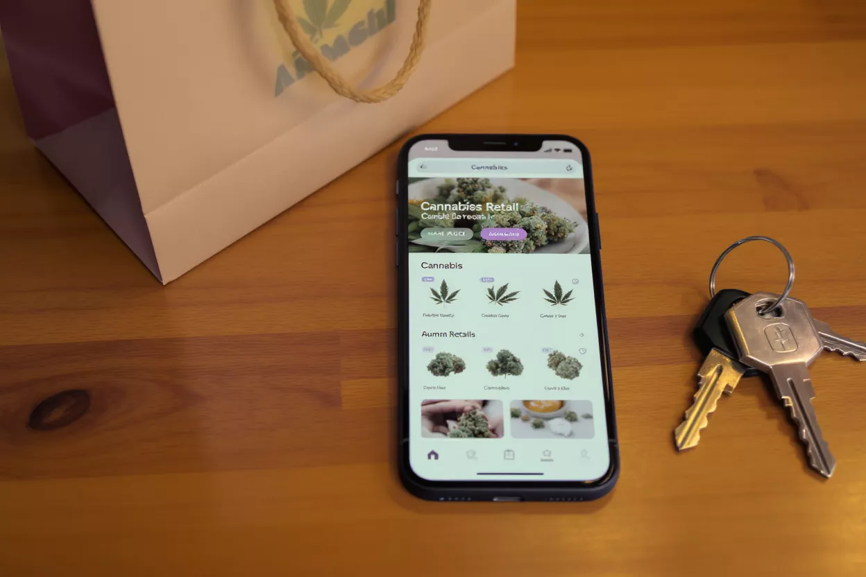 Smartphone displaying cannabis retail app next to keys and paper bag.
