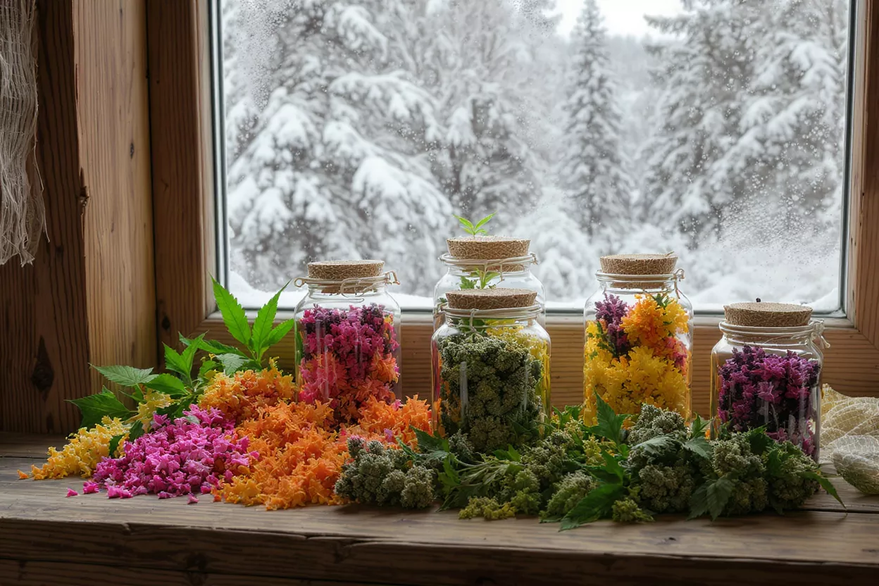Jars of colorful botanicals and cannabis buds on a wooden windowsill with snow outside.