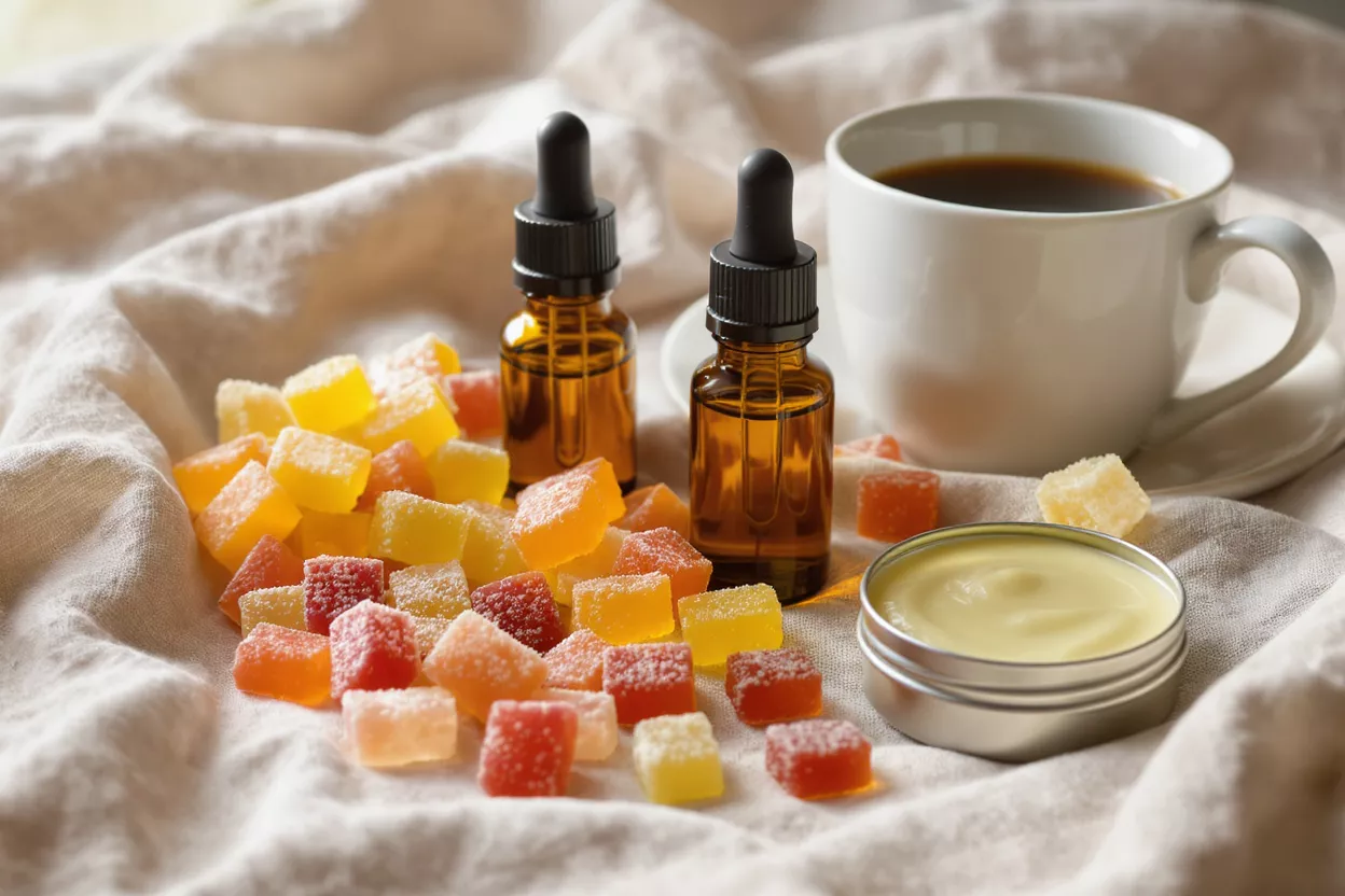CBD gummies, oil, balm, and coffee on a light fabric.