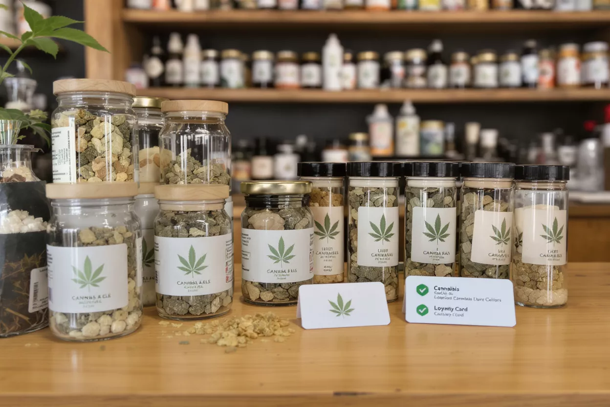 Various jars and containers of cannabis products on a wooden counter with loyalty cards.