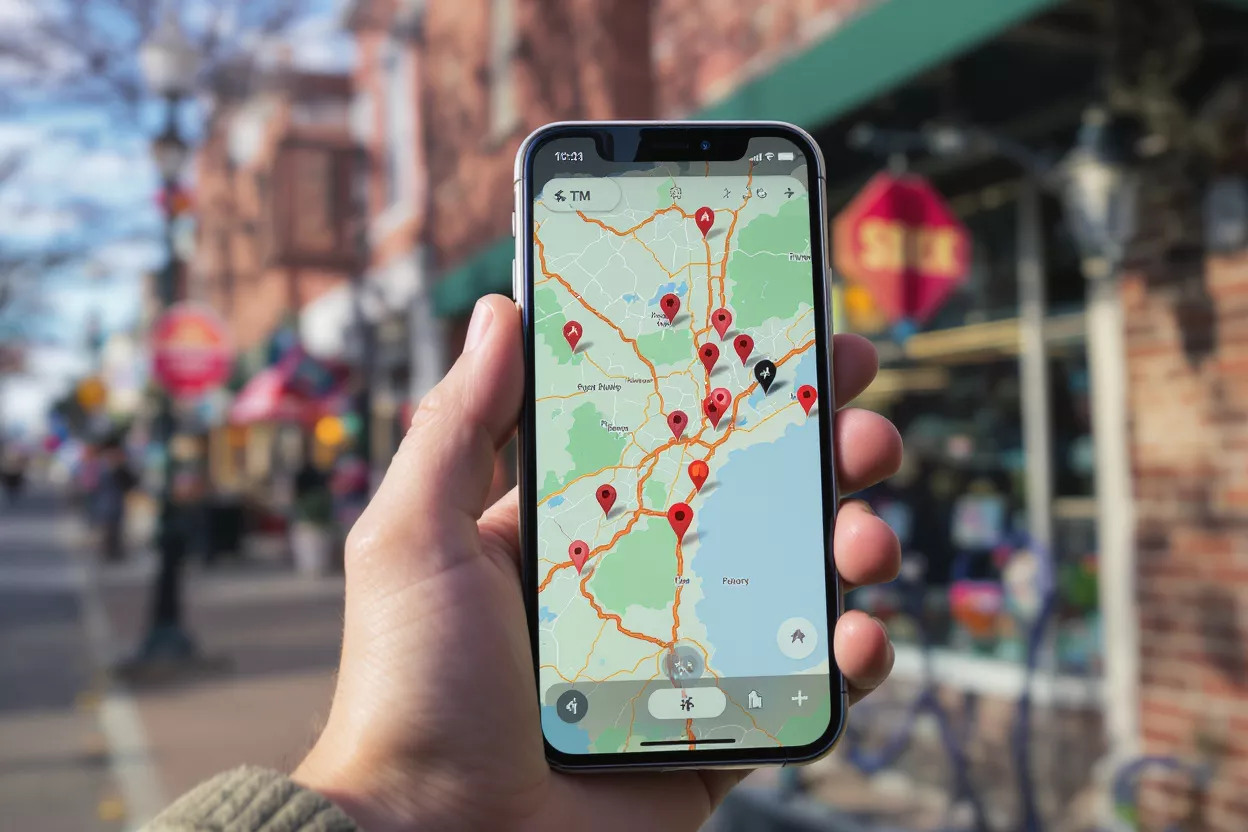 A hand holding a smartphone displaying a map application with multiple red location pins.