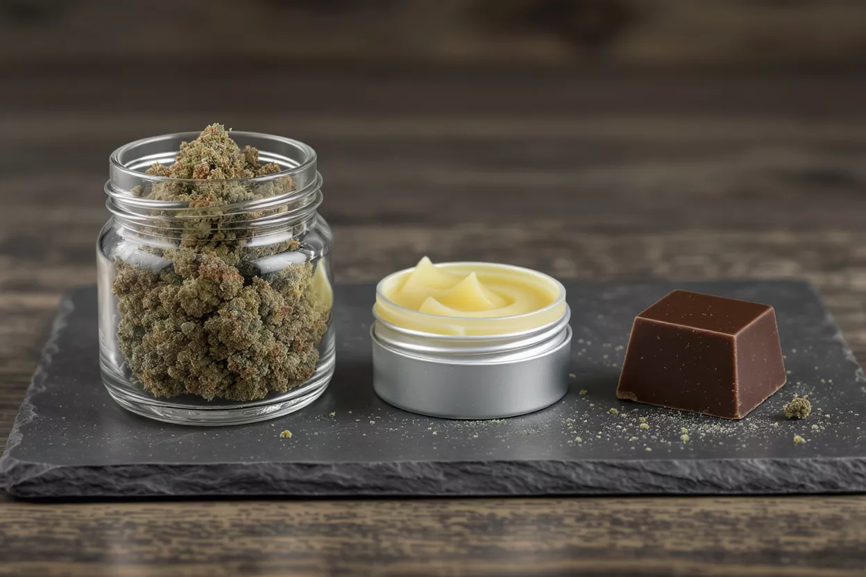 Cannabis flower in jar, CBD balm, and chocolate edible on a dark slate tray.