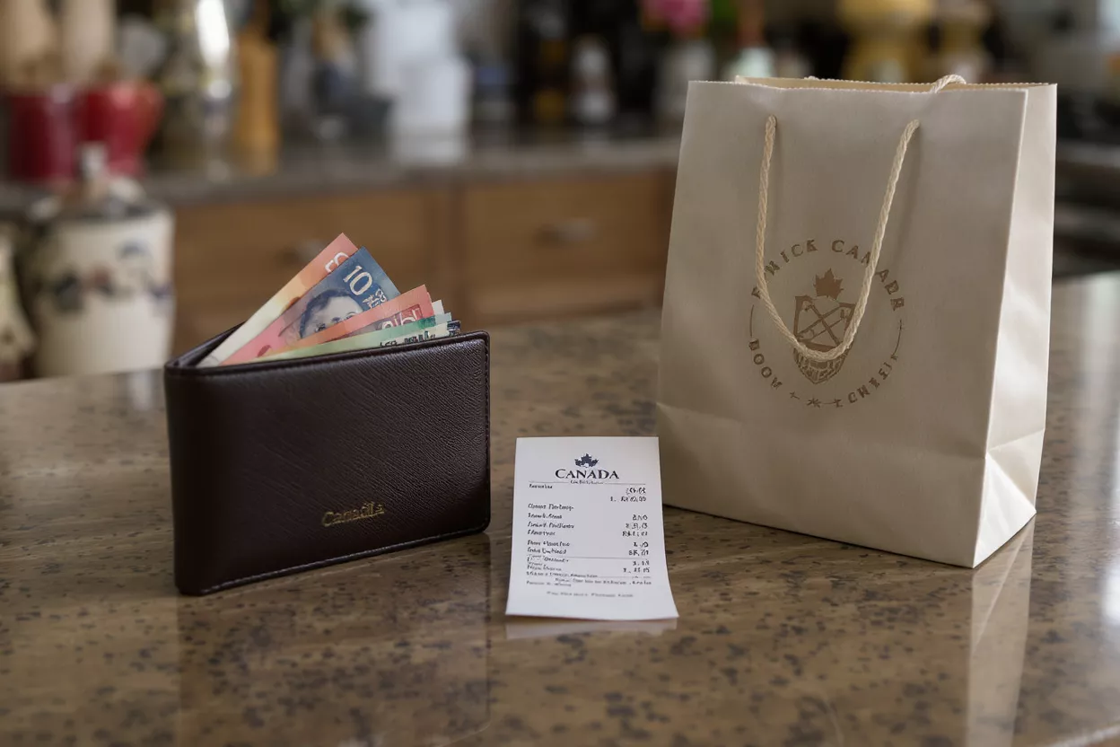 Wallet with Canadian money, a receipt, and a shopping bag on a counter.
