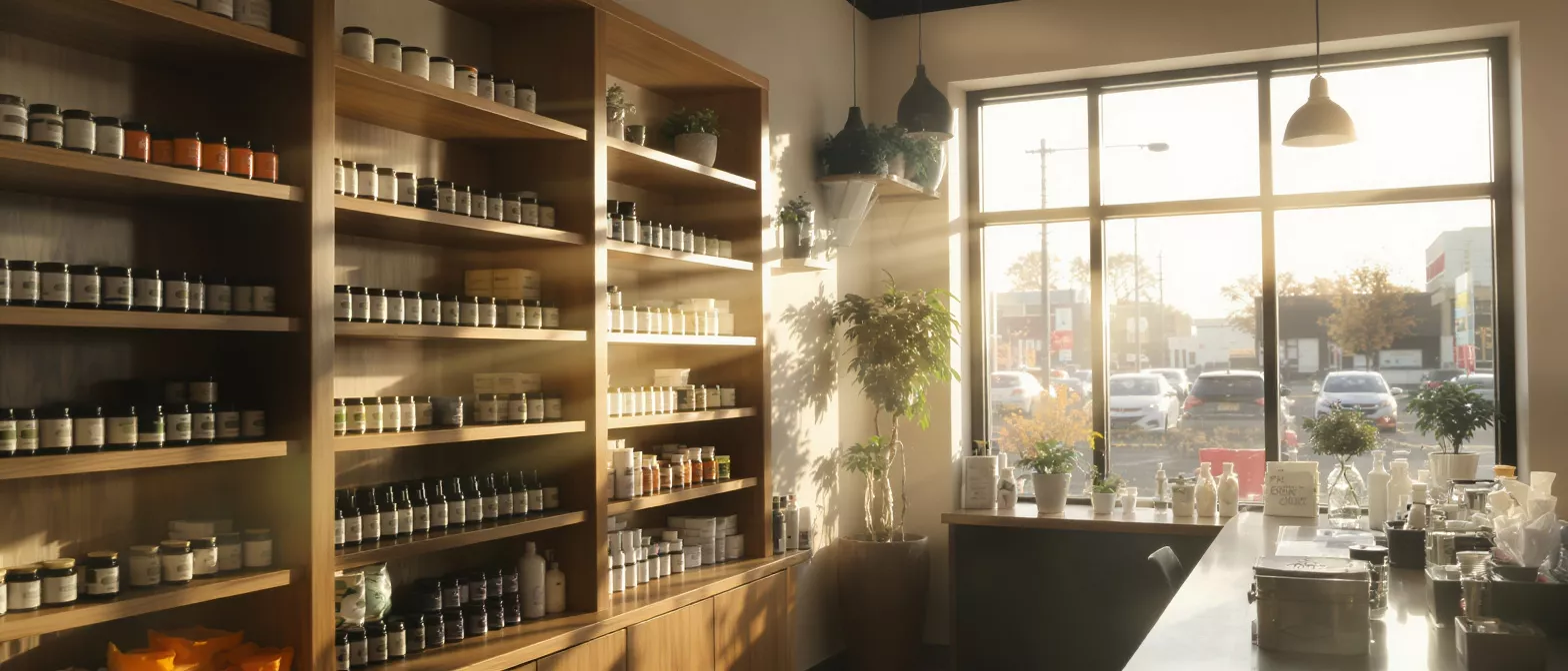 Sunny store interior with wooden shelves full of products and a large window.