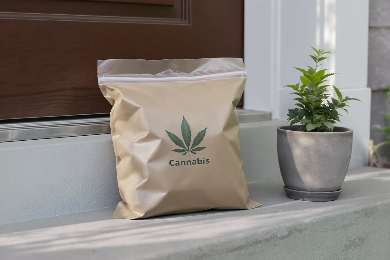 Cannabis Delivery at Doorstep Cannabis package with leaf logo on doorstep next to a potted plant.