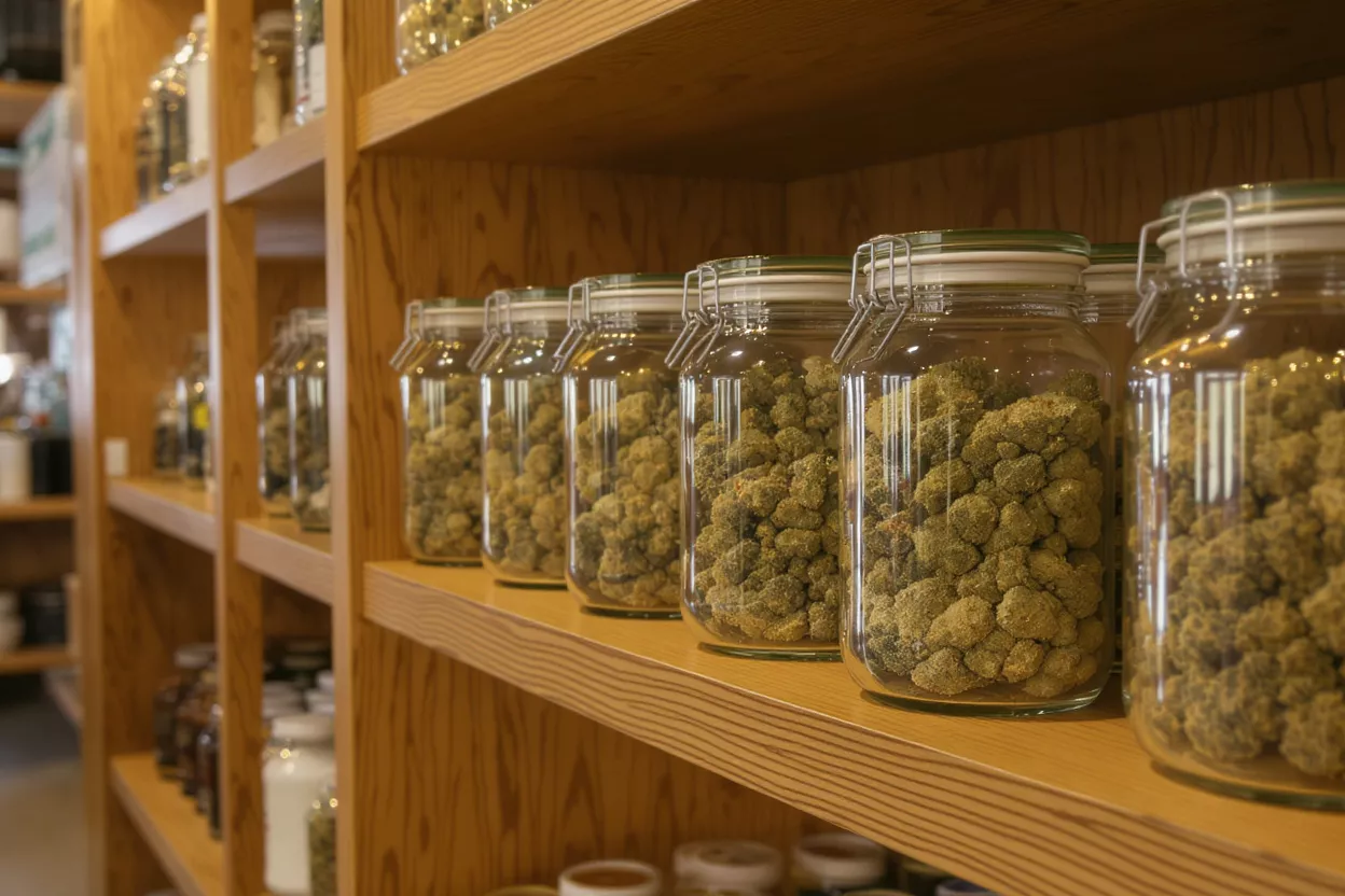 Cannabis Buds in Glass Jars Rows of glass jars filled with cannabis buds on wooden shelves in a dispensary.