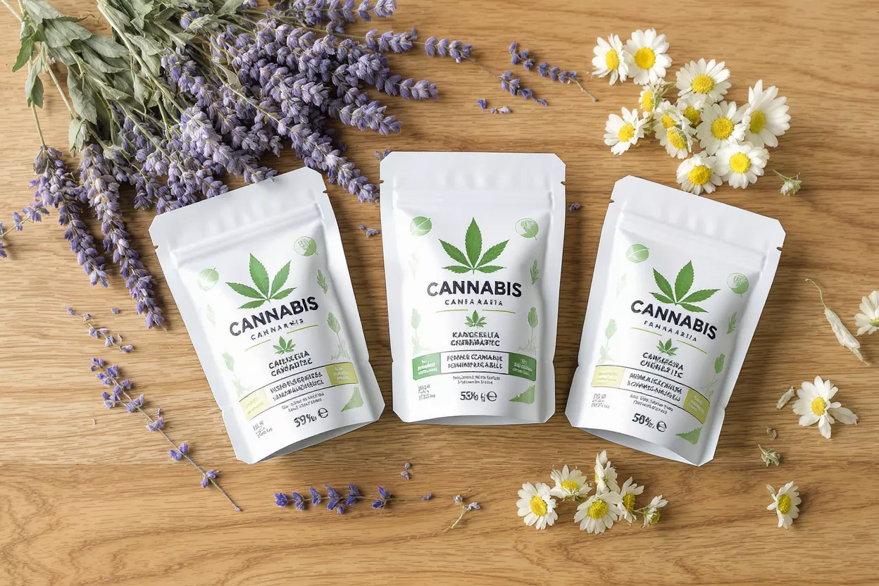 Cannabis Product Pouches with Botanicals Three white cannabis product pouches with lavender and daisies on a wooden surface.
