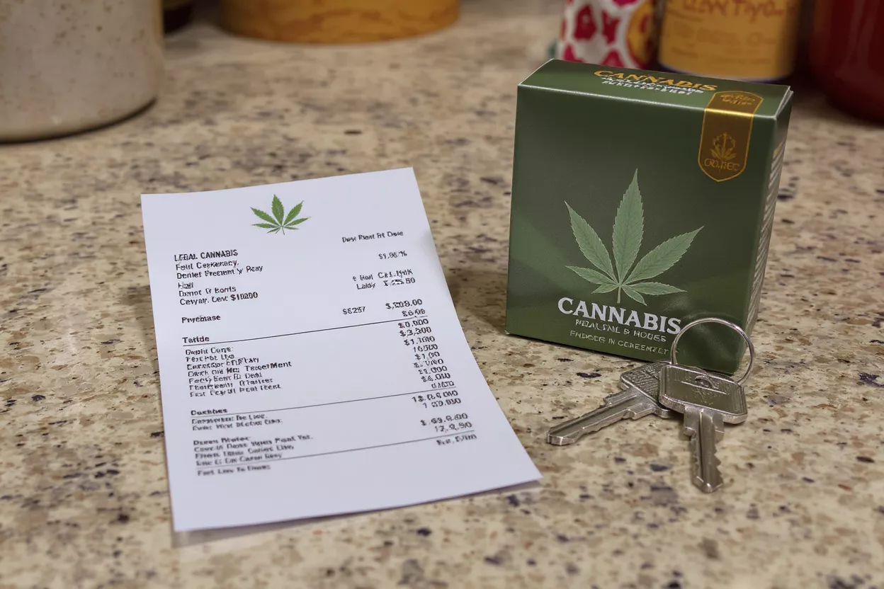 Cannabis Product, Receipt, and Keys A cannabis product box, a receipt with cannabis leaf, and keys on a counter.