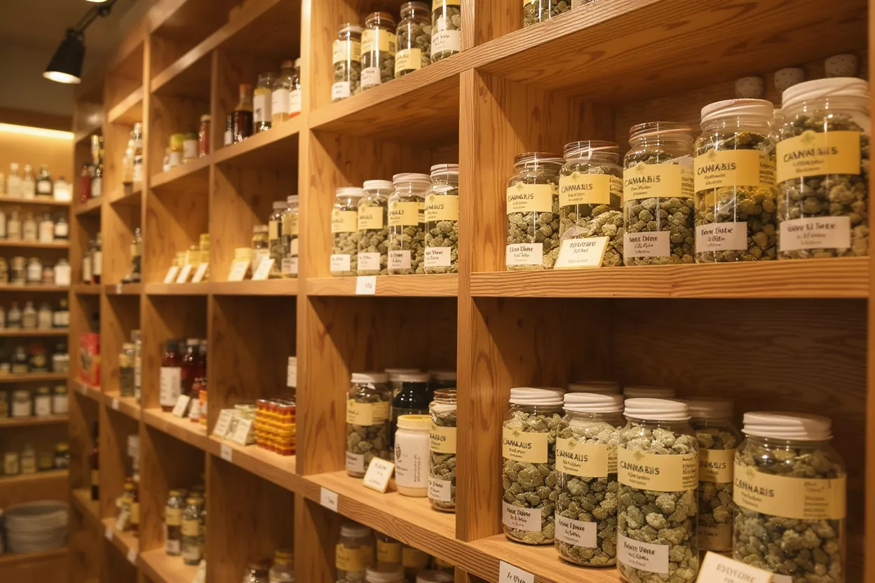 Jars of cannabis products on wooden shelves in a retail store.
