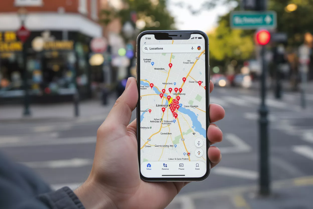 A hand holding a smartphone displaying a map application with multiple location pins.