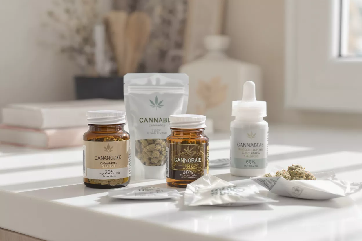 Various cannabis products including bottles, a bag of flower, and an oil dropper.